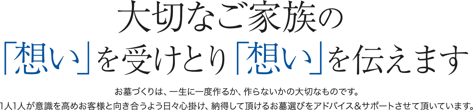 大切なご家族「想い」を受けとり「想い」を伝えます お墓づくりは、一生に一度るか、作らないかの大切なものです。1人1人が意識を高めお客様と向き合うよう日々心掛け、納得して頂けるお墓選びをアドバイス&サポートさせて頂きます。