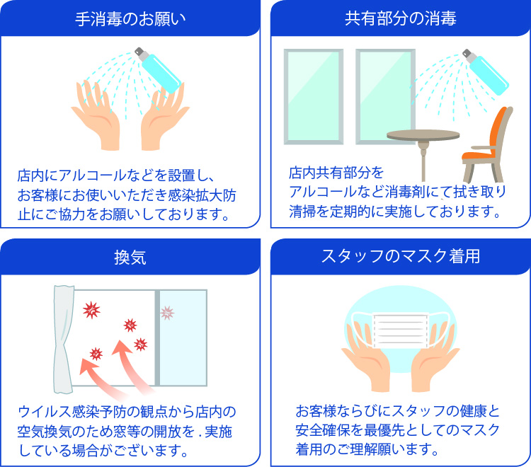 手消毒のお願い・共有部分の消毒・換気・スタッフのマスク着用